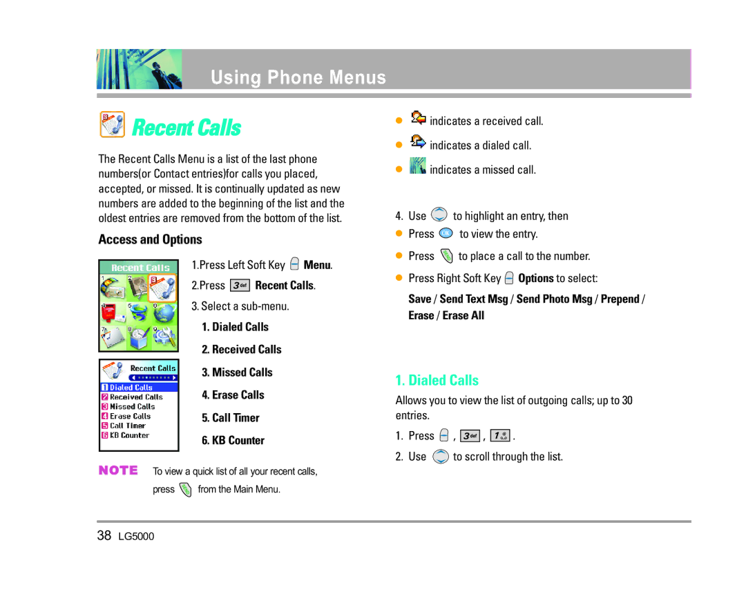 LG Electronics 5000 manual Recent Calls, Dialed Calls 