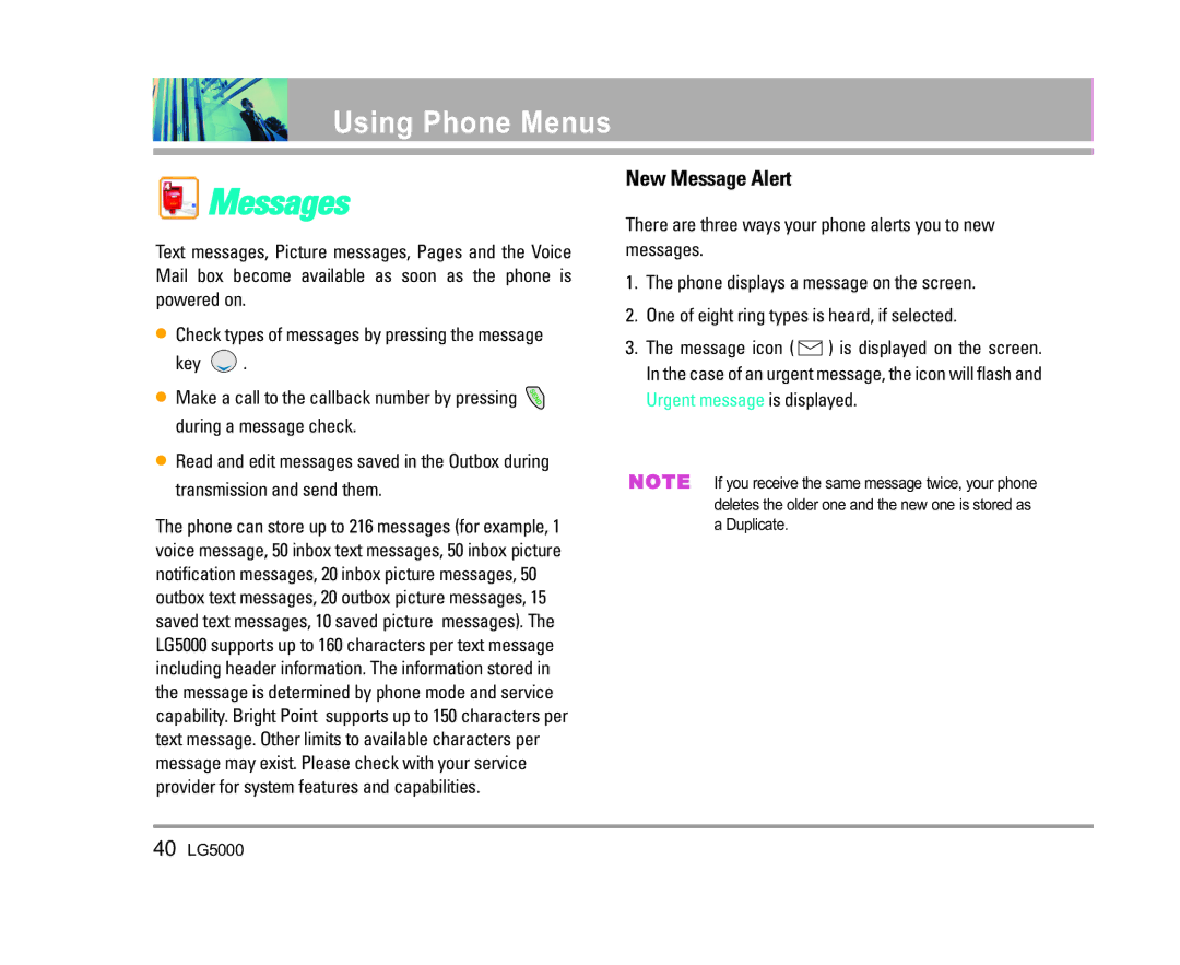 LG Electronics 5000 manual Messages, New Message Alert 