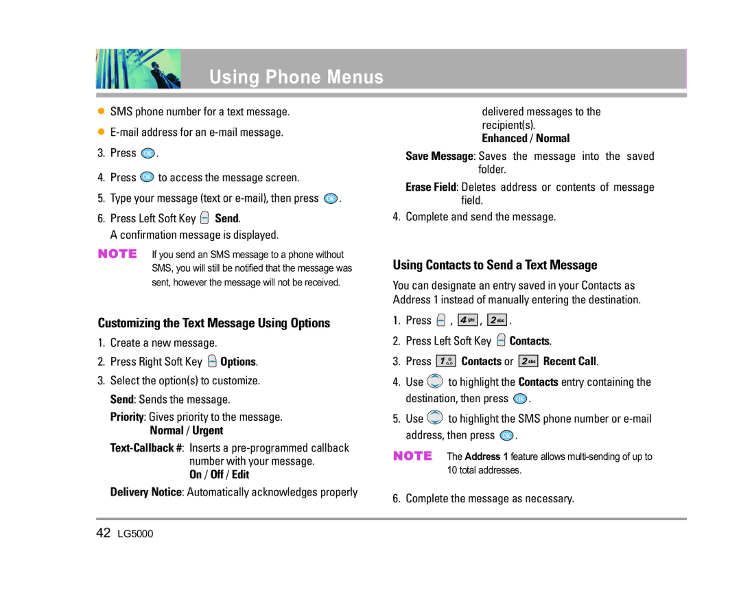 LG Electronics 5000 Customizing the Text Message Using Options, Using Contacts to Send a Text Message, On / Off / Edit 