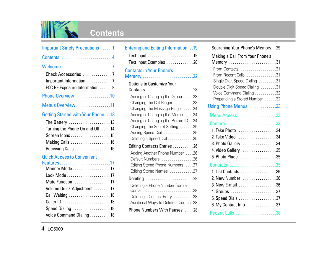 LG Electronics 5000 manual Contents 