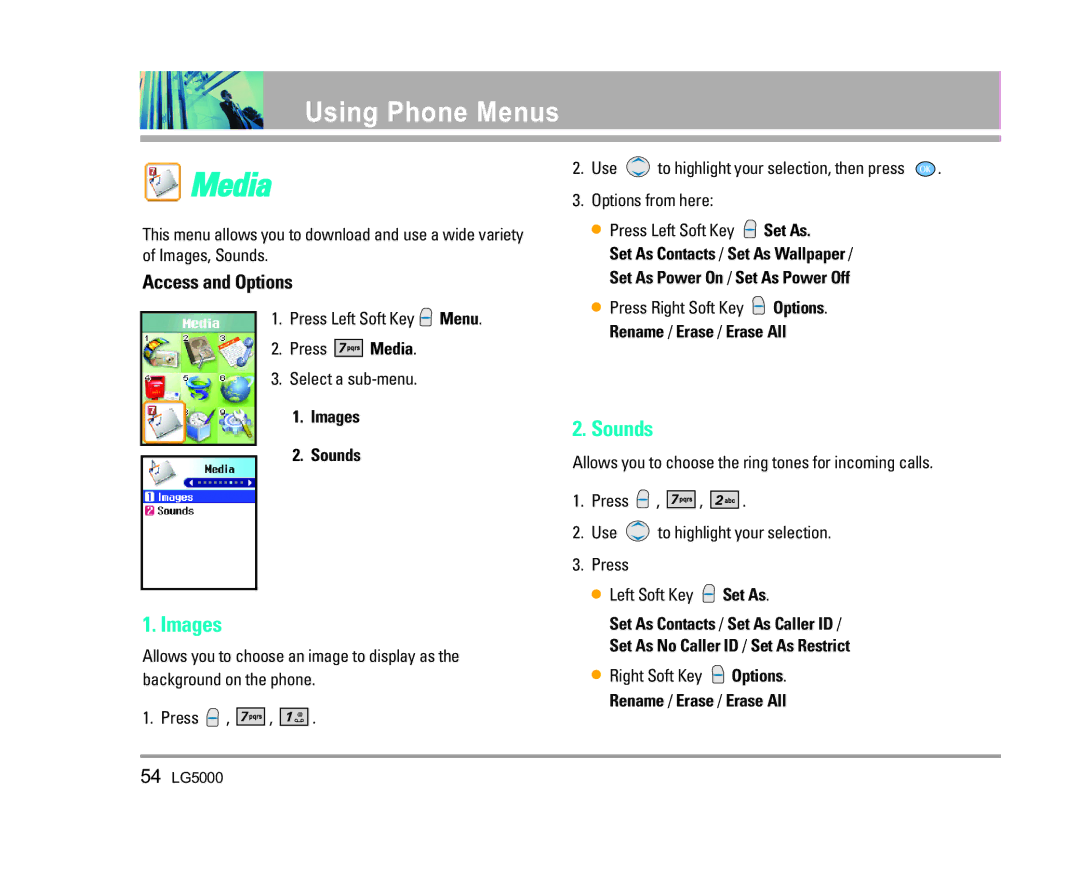 LG Electronics 5000 manual Media, Images Sounds 