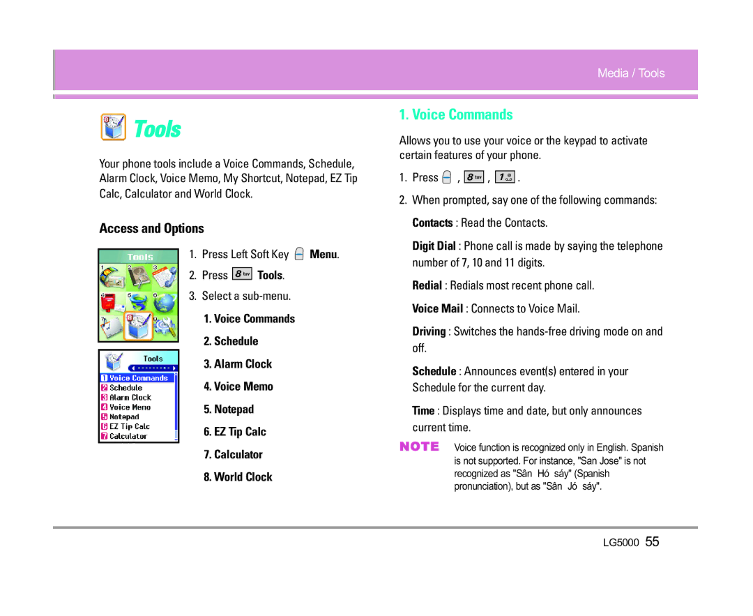LG Electronics 5000 manual Voice Commands, Press Left Soft Key Menu Press Tools Select a sub-menu 