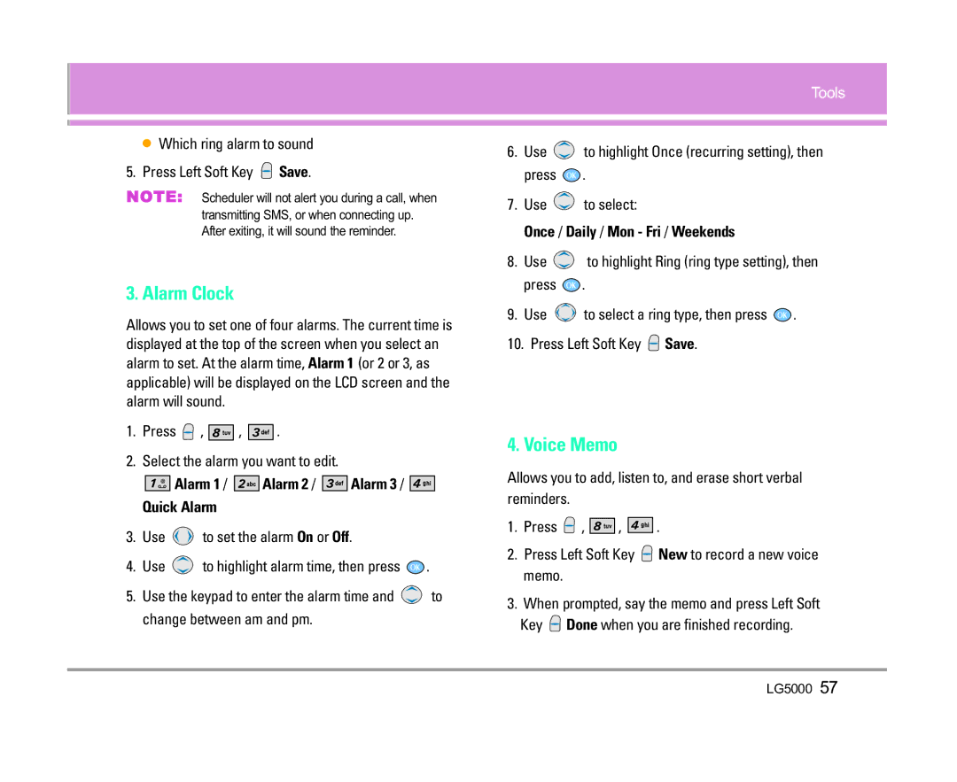 LG Electronics 5000 manual Alarm Clock, Voice Memo, Quick Alarm, Once / Daily / Mon Fri / Weekends 