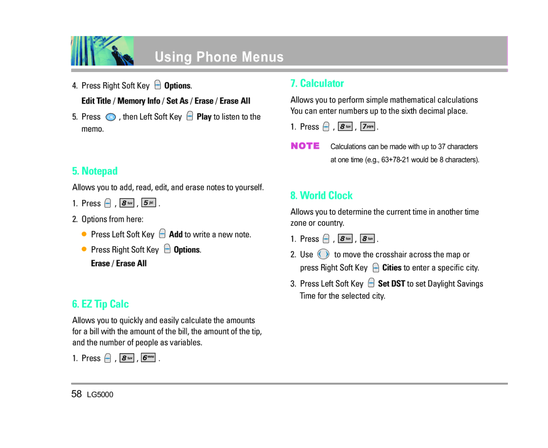 LG Electronics 5000 manual EZ Tip Calc, Calculator, World Clock, Press , then Left Soft Key Play to listen to the memo 