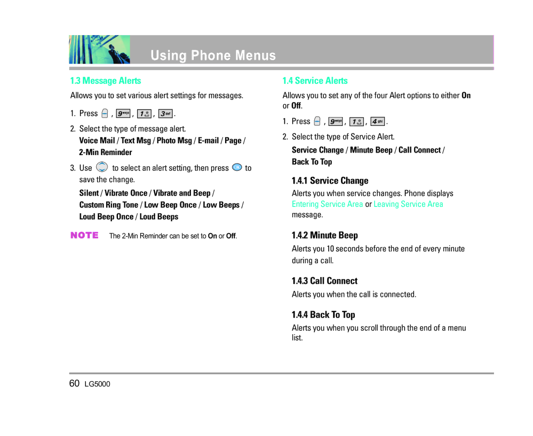 LG Electronics 5000 manual Message Alerts, Service Alerts 