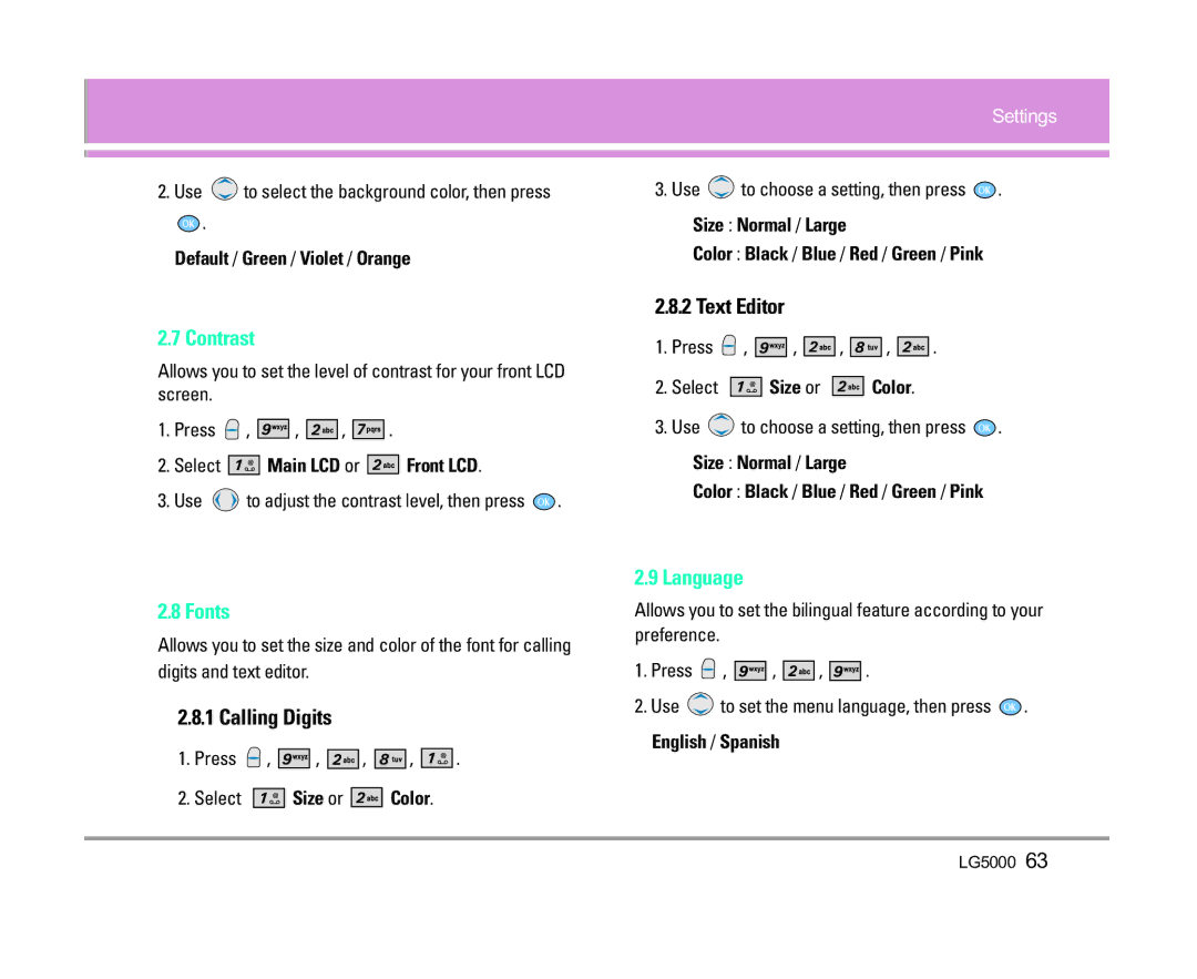 LG Electronics 5000 manual Contrast, Text Editor, Fonts, Calling Digits, Language 