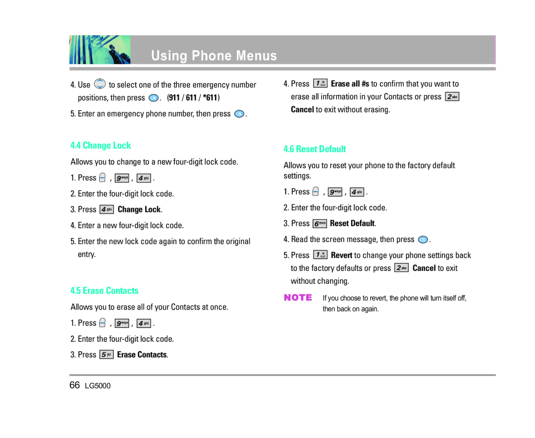 LG Electronics 5000 manual Change Lock, Erase Contacts, Reset Default 