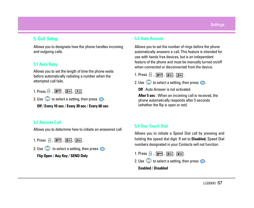 LG Electronics 5000 manual Call Setup, Auto Retry, Auto Answer, Answer Call, One-Touch Dial 