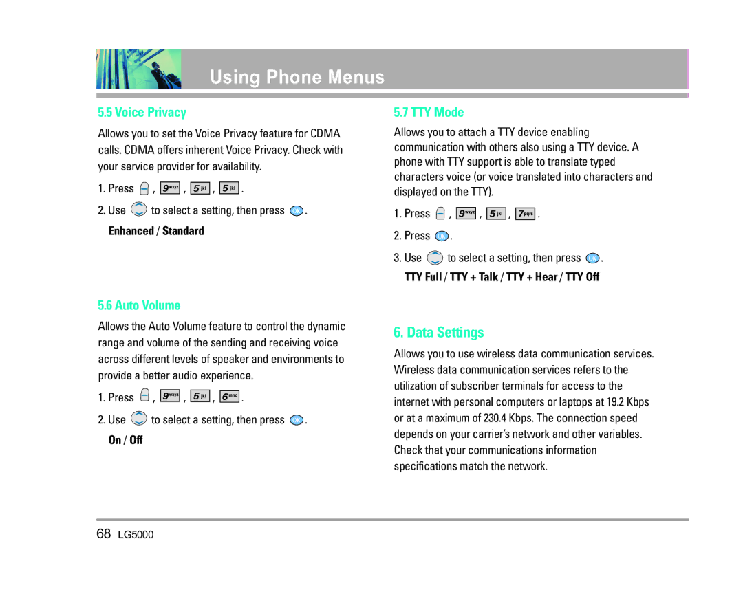 LG Electronics 5000 manual Data Settings, Voice Privacy, Auto Volume, TTY Mode 
