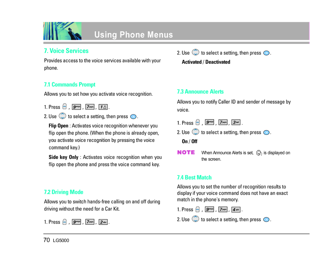 LG Electronics 5000 manual Voice Services, Commands Prompt, Driving Mode, Announce Alerts, Best Match 