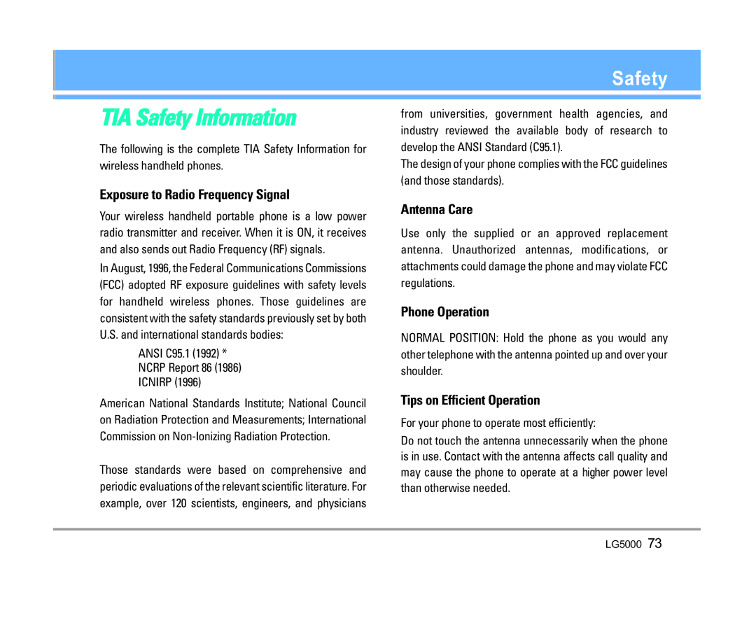 LG Electronics 5000 manual TIA Safety Information 