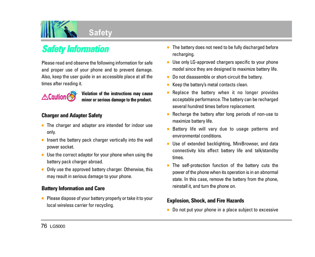 LG Electronics 5000 manual Safety Information, Charger and Adapter Safety, Battery Information and Care 