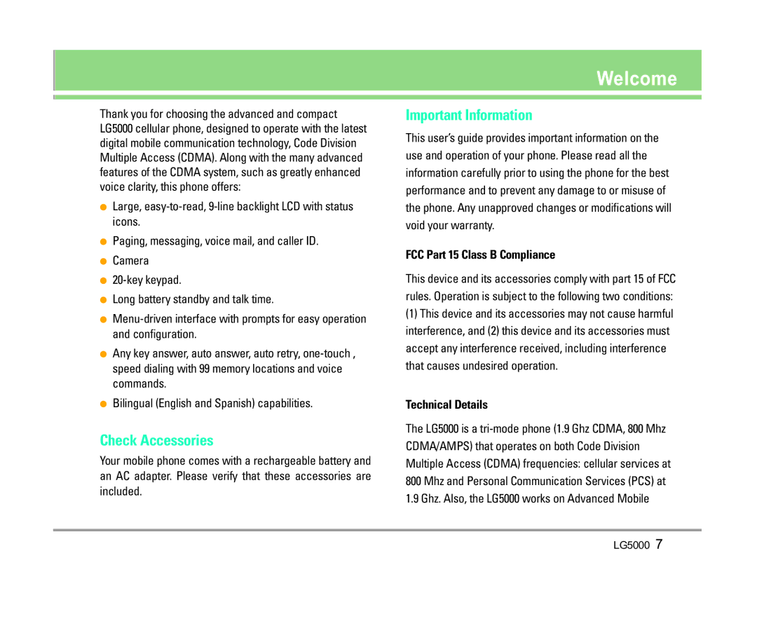 LG Electronics 5000 Welcome, Check Accessories, Important Information, FCC Part 15 Class B Compliance, Technical Details 