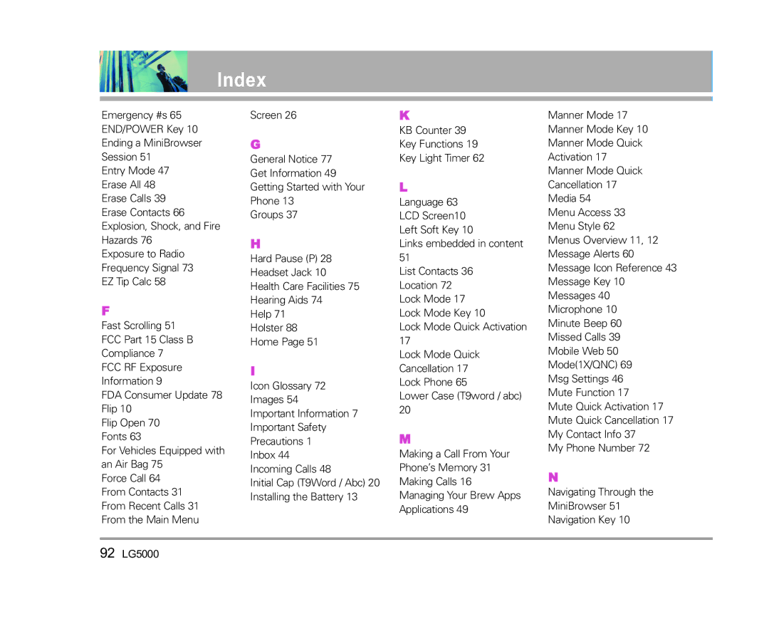 LG Electronics 5000 manual Index 