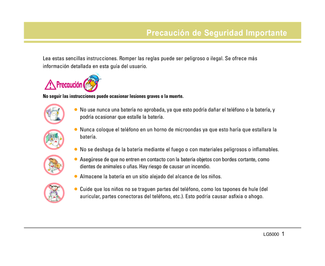 LG Electronics 5000 manual Precaución de Seguridad Importante 