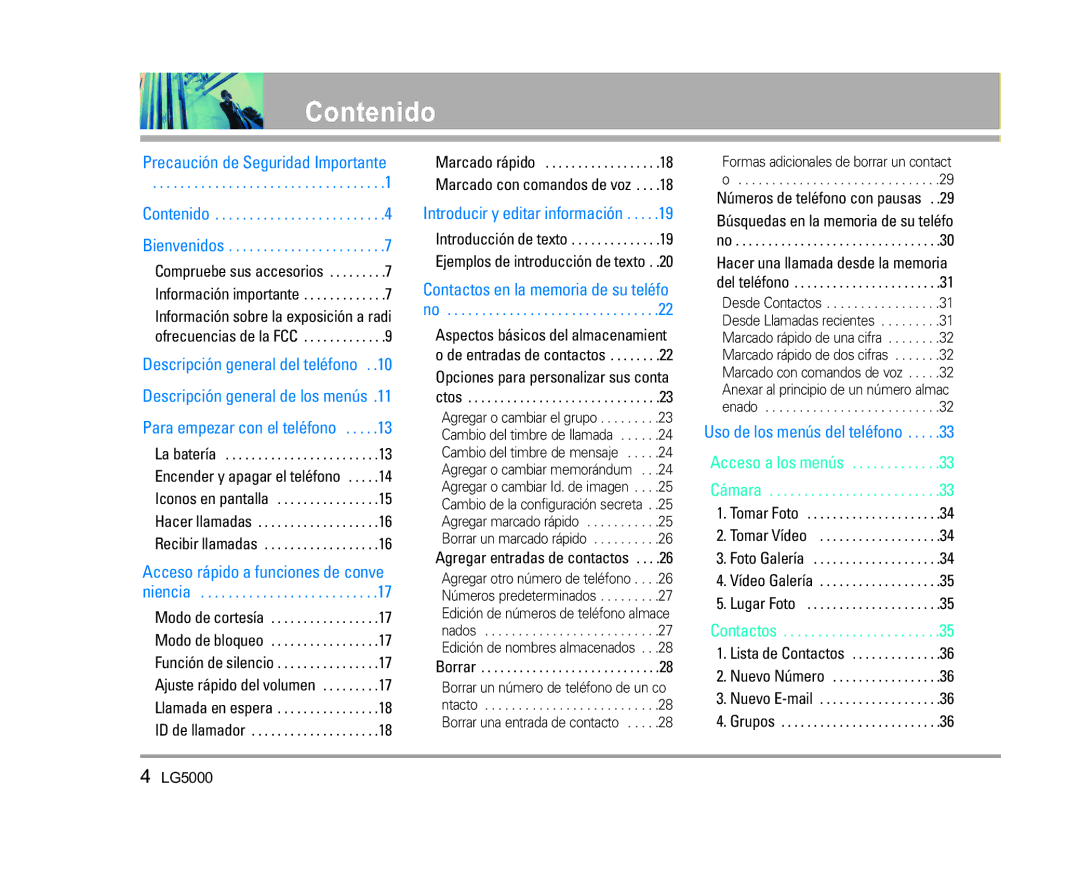 LG Electronics 5000 manual Contenido, Precaución de Seguridad Importante 