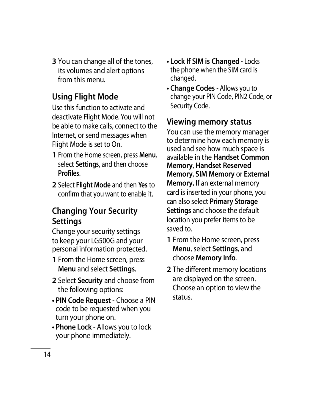 LG Electronics 500G Using Flight Mode, Changing Your Security Settings, Viewing memory status, Menu and select Settings 
