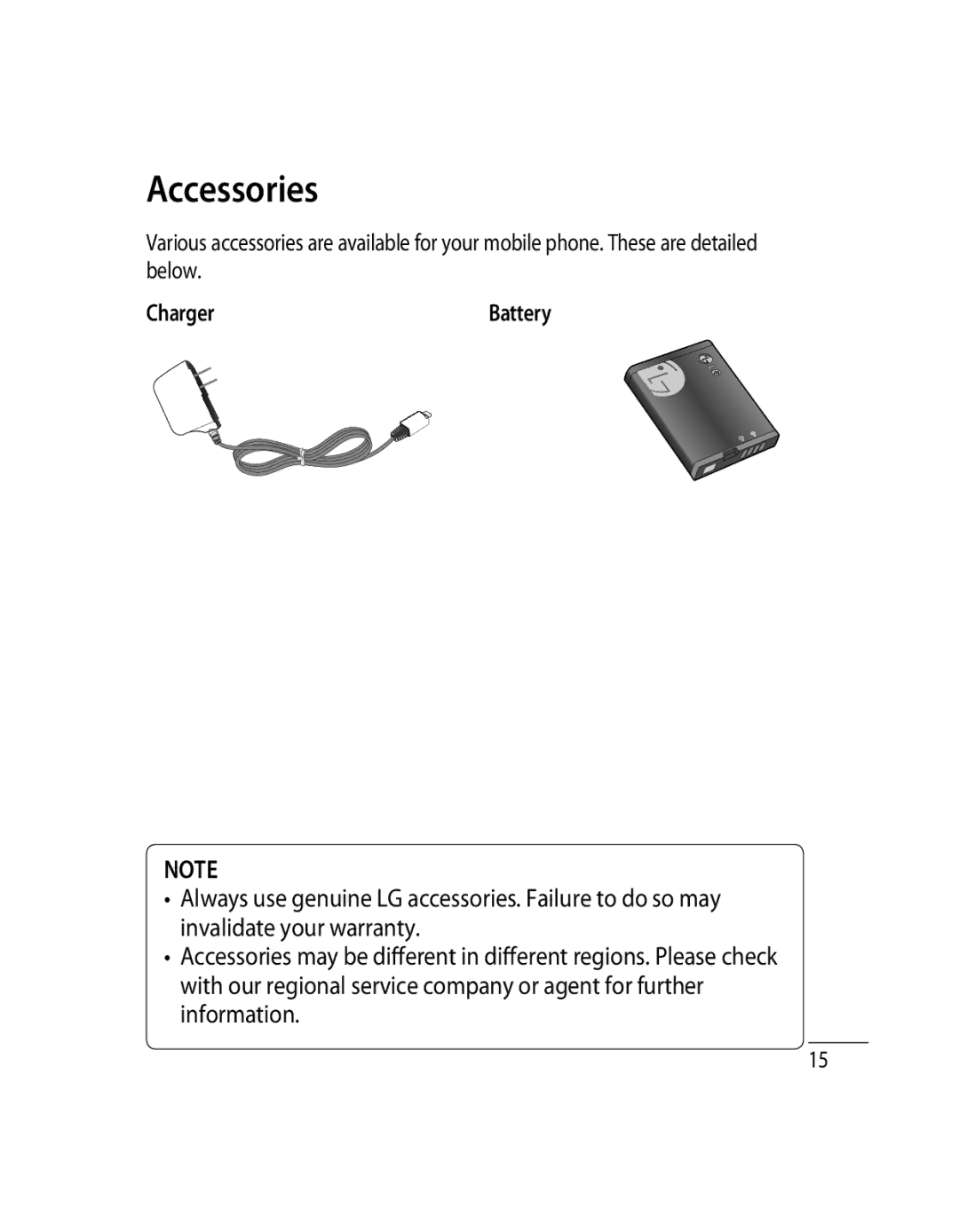 LG Electronics 500G user manual Accessories, ChargerBattery 