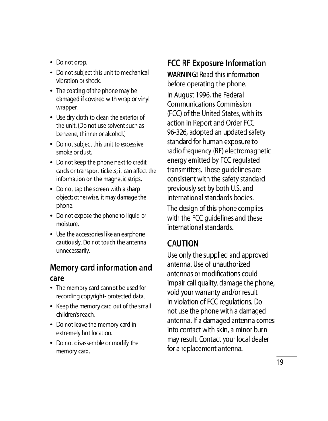 LG Electronics 500G Memory card information and care, FCC RF Exposure Information, August 1996, the Federal, Do not drop 