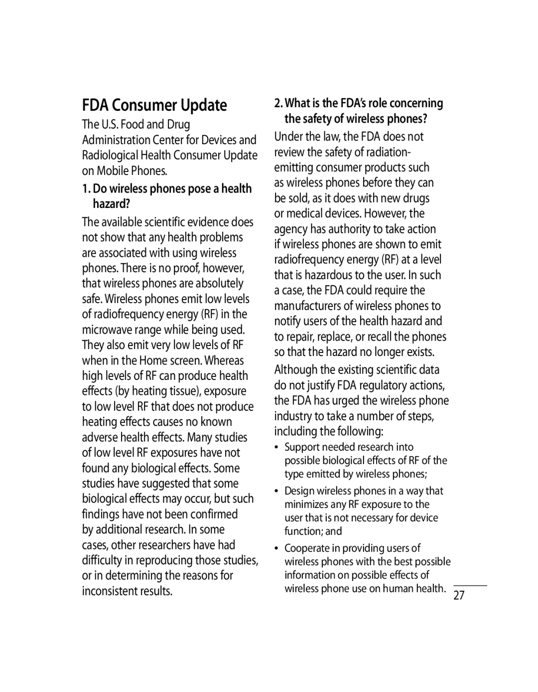 LG Electronics 500G user manual FDA Consumer Update, Do wireless phones pose a health hazard? 