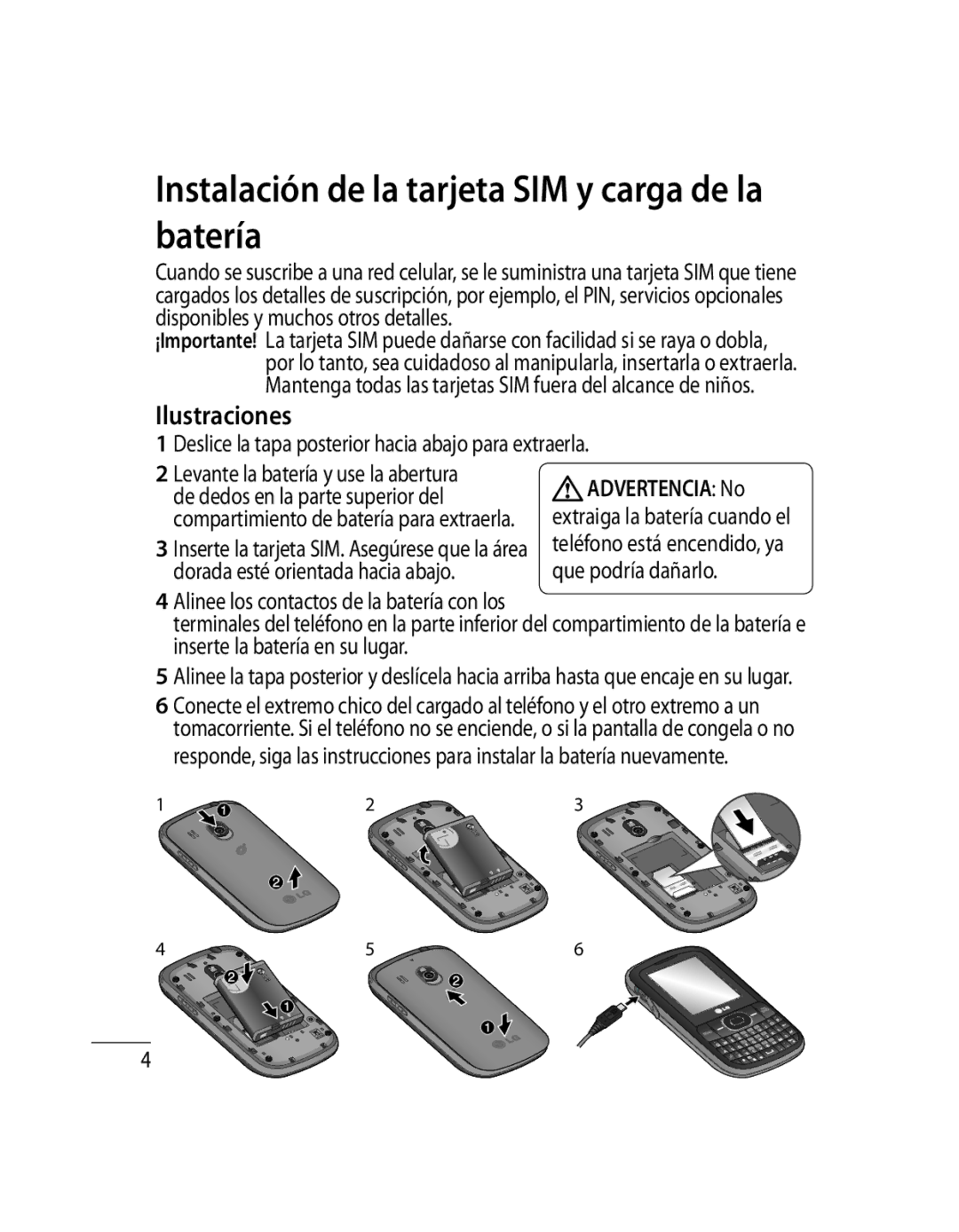 LG Electronics 500G user manual Instalación de la tarjeta SIM y carga de la batería, Ilustraciones 