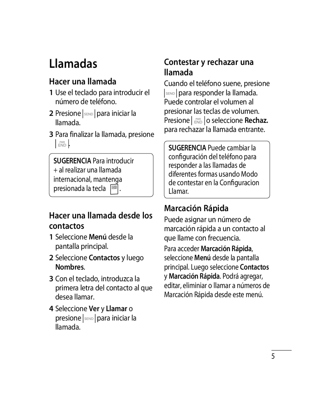 LG Electronics 500G user manual Llamadas, Contestar y rechazar una llamada, Hacer una llamada desde los contactos 