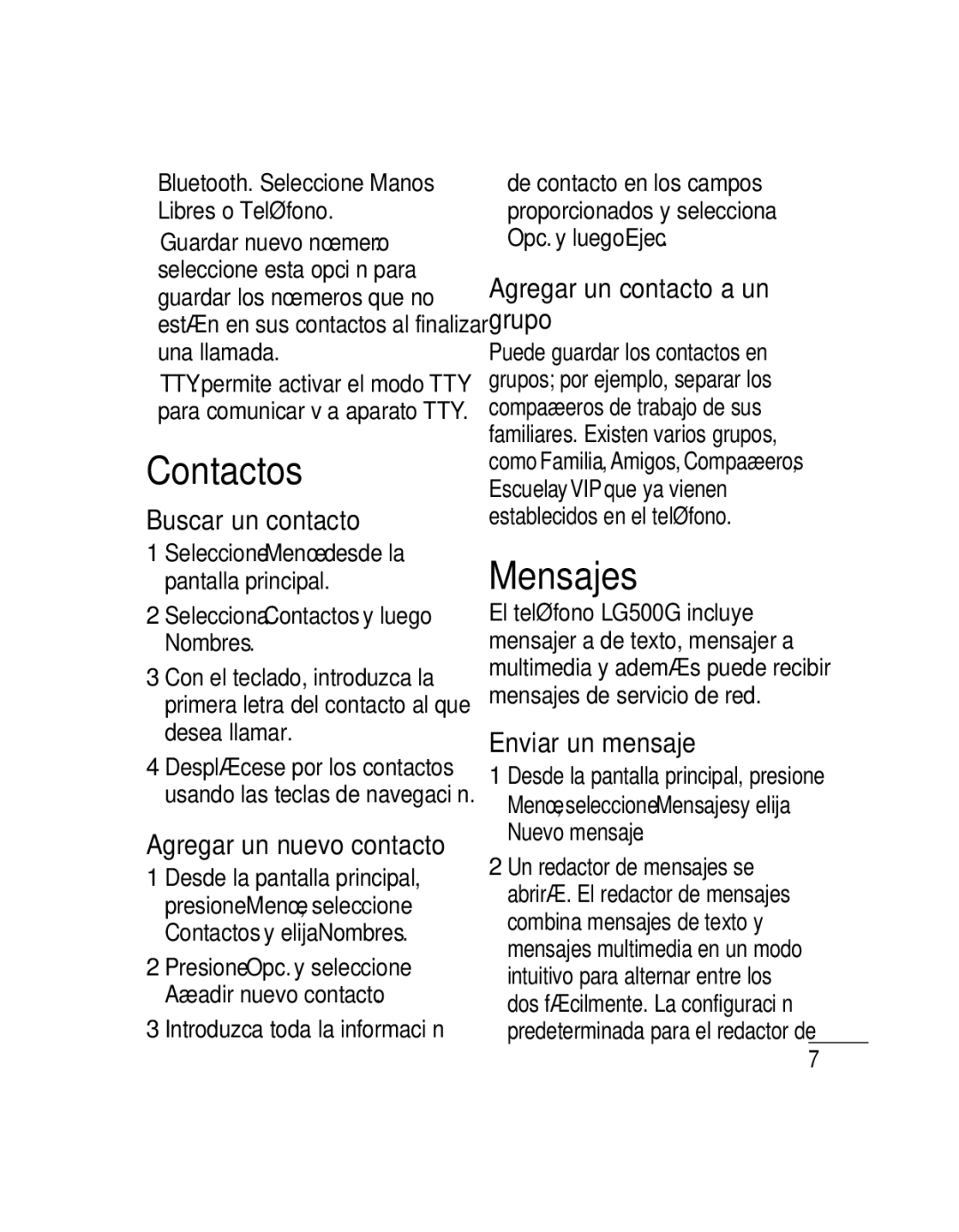 LG Electronics 500G user manual Contactos, Mensajes, Buscar un contacto, Agregar un contacto a un grupo, Enviar un mensaje 