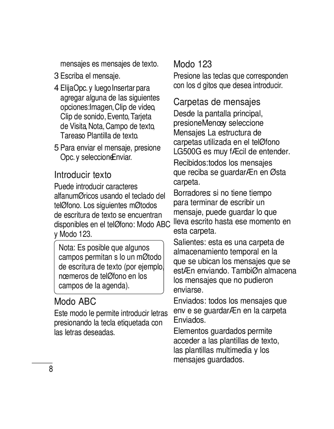 LG Electronics 500G user manual Introducir texto, Modo ABC, Carpetas de mensajes, Escriba el mensaje 