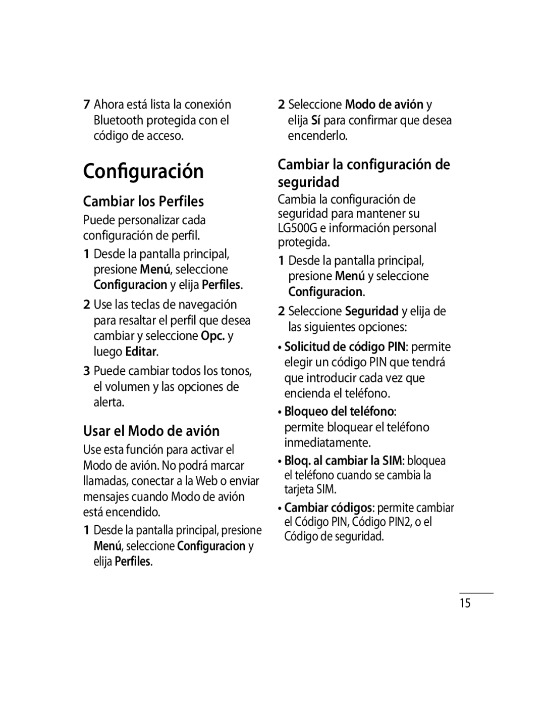 LG Electronics 500G Configuración, Cambiar los Perfiles, Usar el Modo de avión, Cambiar la configuración de seguridad 