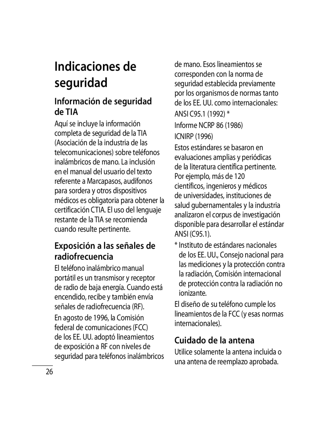 LG Electronics 500G user manual Indicaciones de seguridad, Información de seguridad de TIA, Cuidado de la antena 