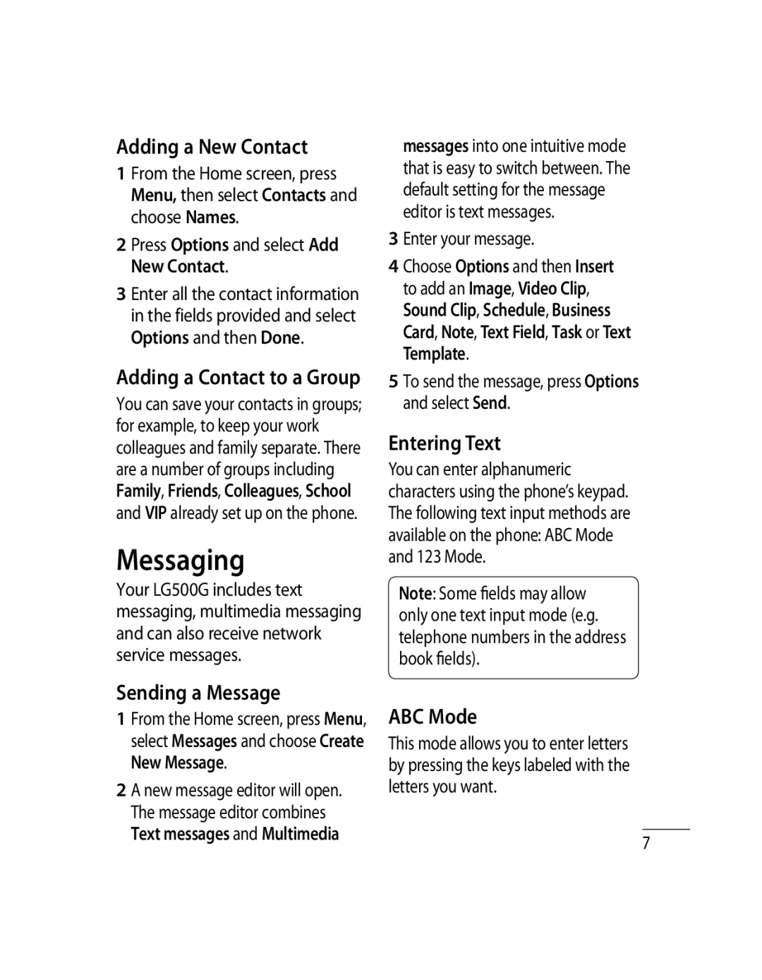 LG Electronics 500G user manual Messaging, Adding a New Contact, Entering Text, Sending a Message, ABC Mode 