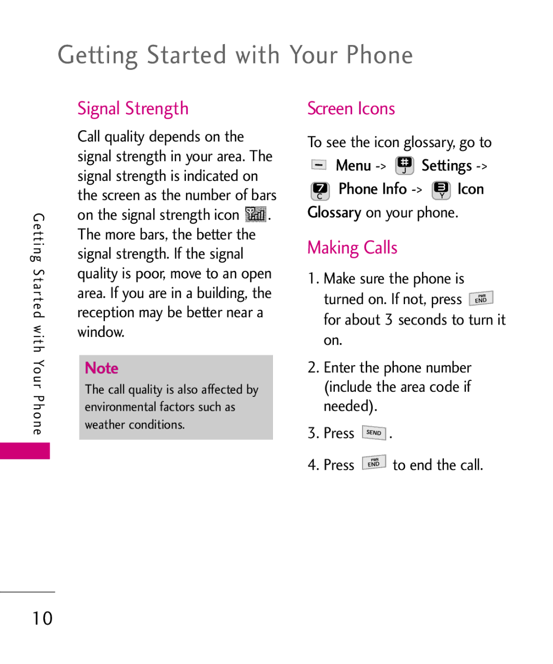 LG Electronics 501C manual Getting Started with Your Phone, Signal Strength, Making Calls, To see the icon glossary, go to 