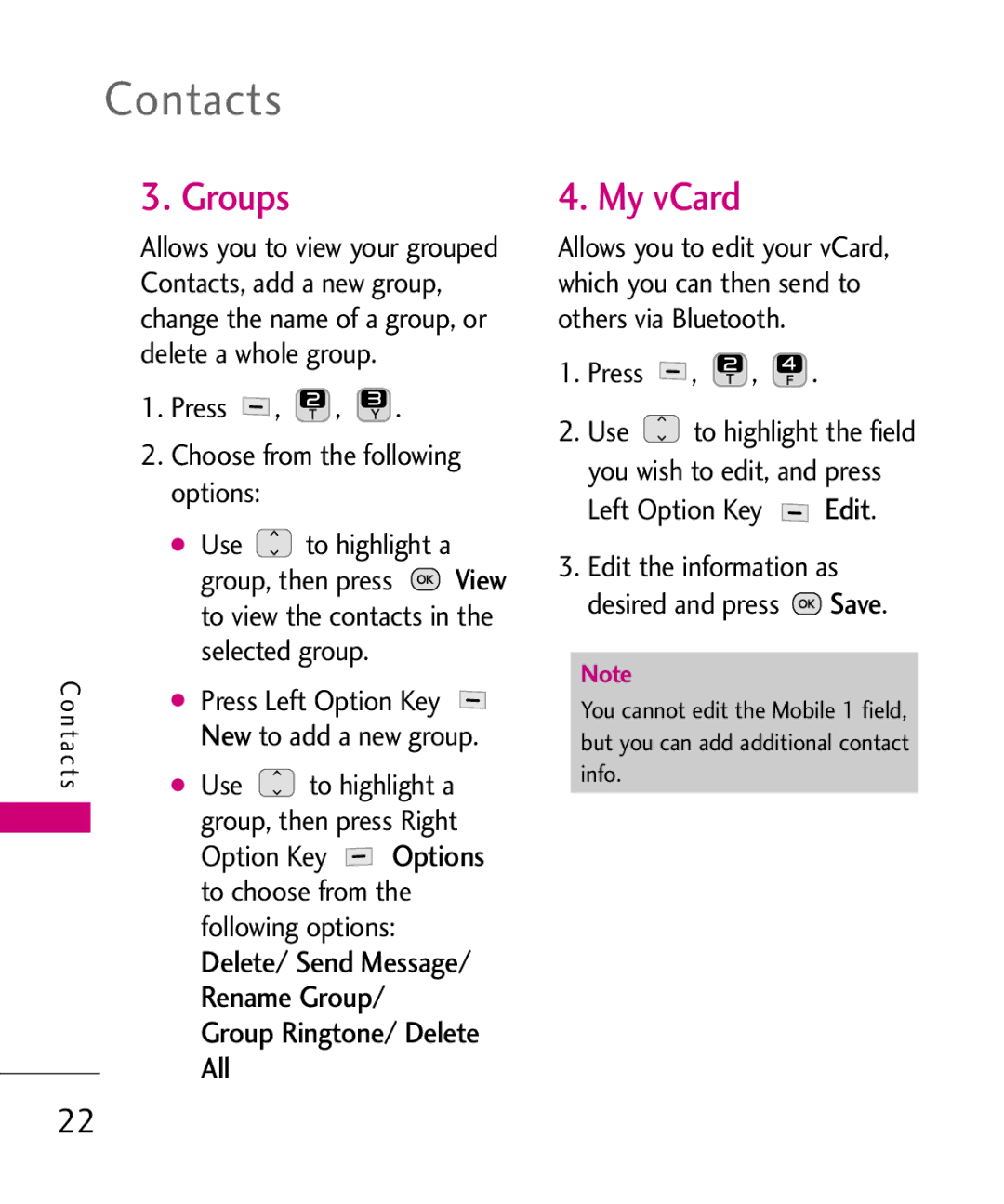 LG Electronics 501C manual Groups, My vCard, New, Options 