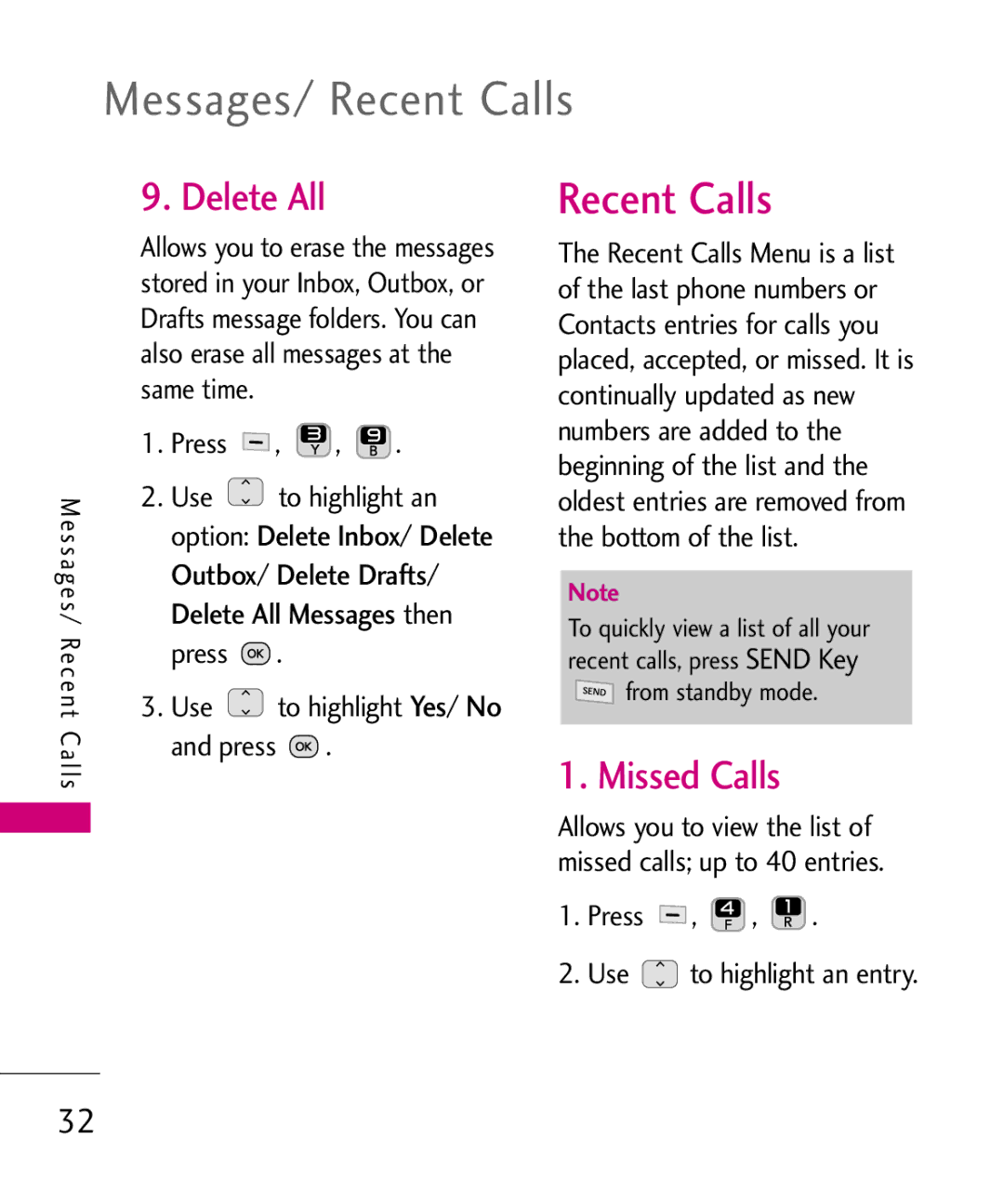LG Electronics 501C manual Messages/ Recent Calls, Delete All, Missed Calls, Press Use To highlight an 