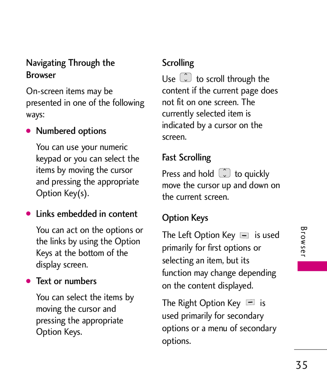 LG Electronics 501C manual Navigating Through the Browser, Numbered options, Links embedded in content, Text or numbers 