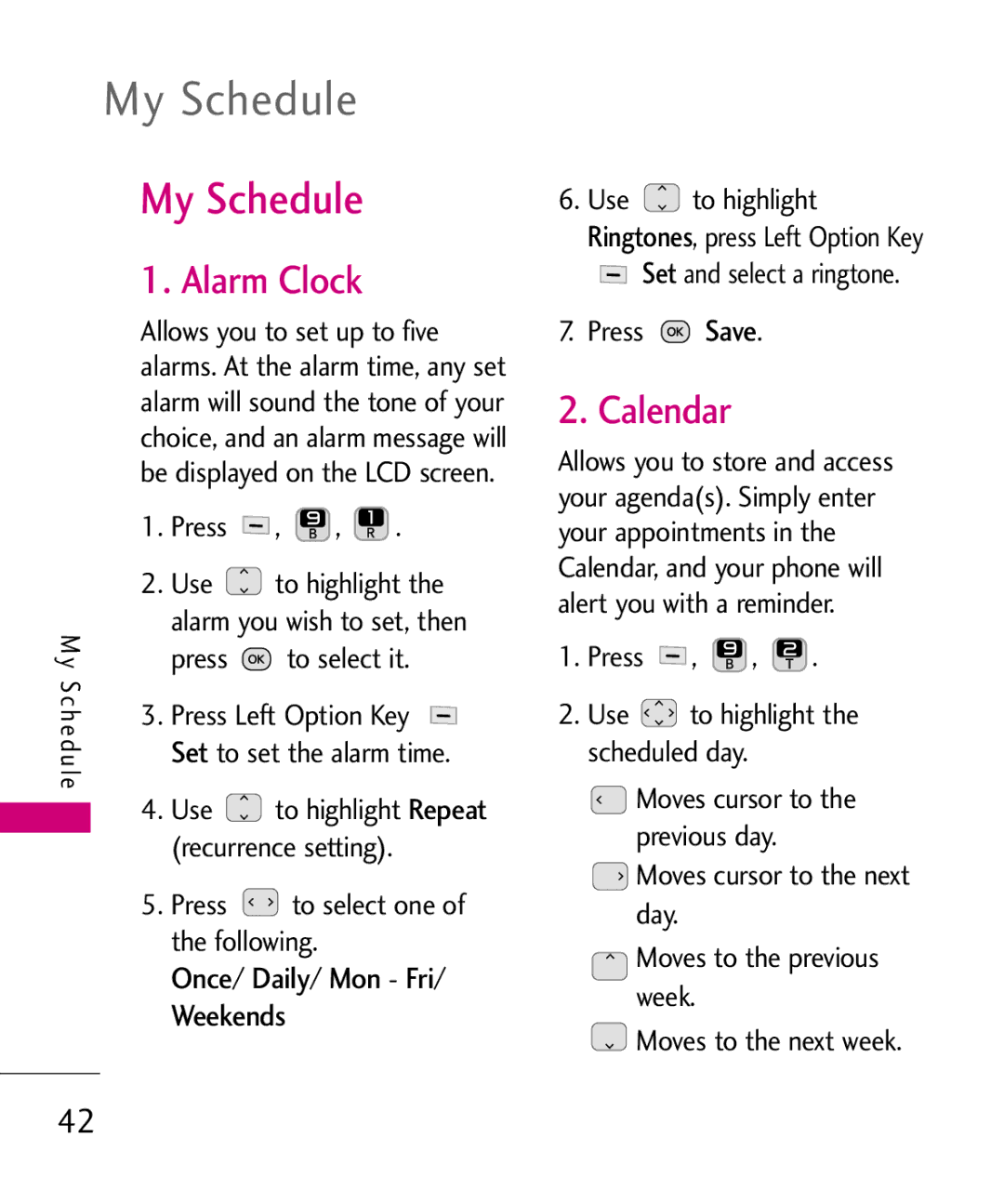 LG Electronics 501C manual My Schedule, Alarm Clock, Calendar, Ringtones 