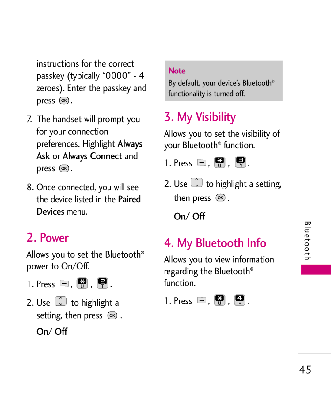 LG Electronics 501C manual Power, My Visibility, My Bluetooth Info, Menu, Press Use to highlight a setting, then press 