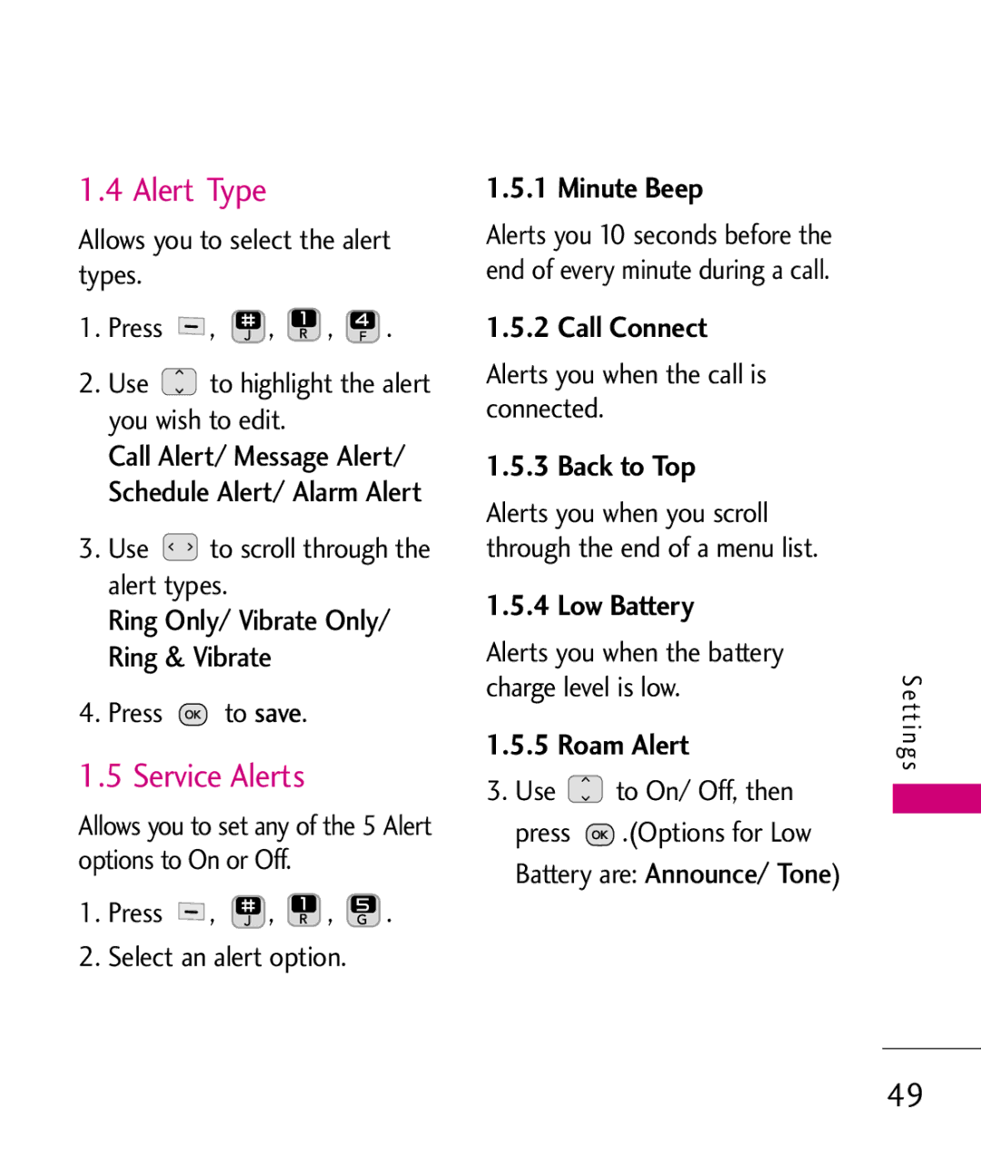 LG Electronics 501C manual Alert Type, Service Alerts, Ring Only/ Vibrate Only/ Ring & Vibrate 