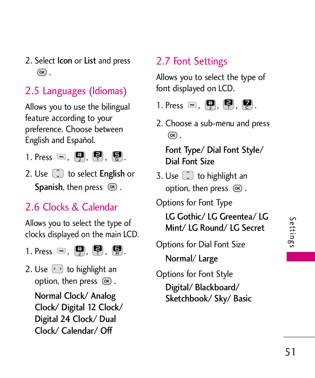 LG Electronics 501C manual Languages Idiomas, Clocks & Calendar, Font Settings, Spanish 