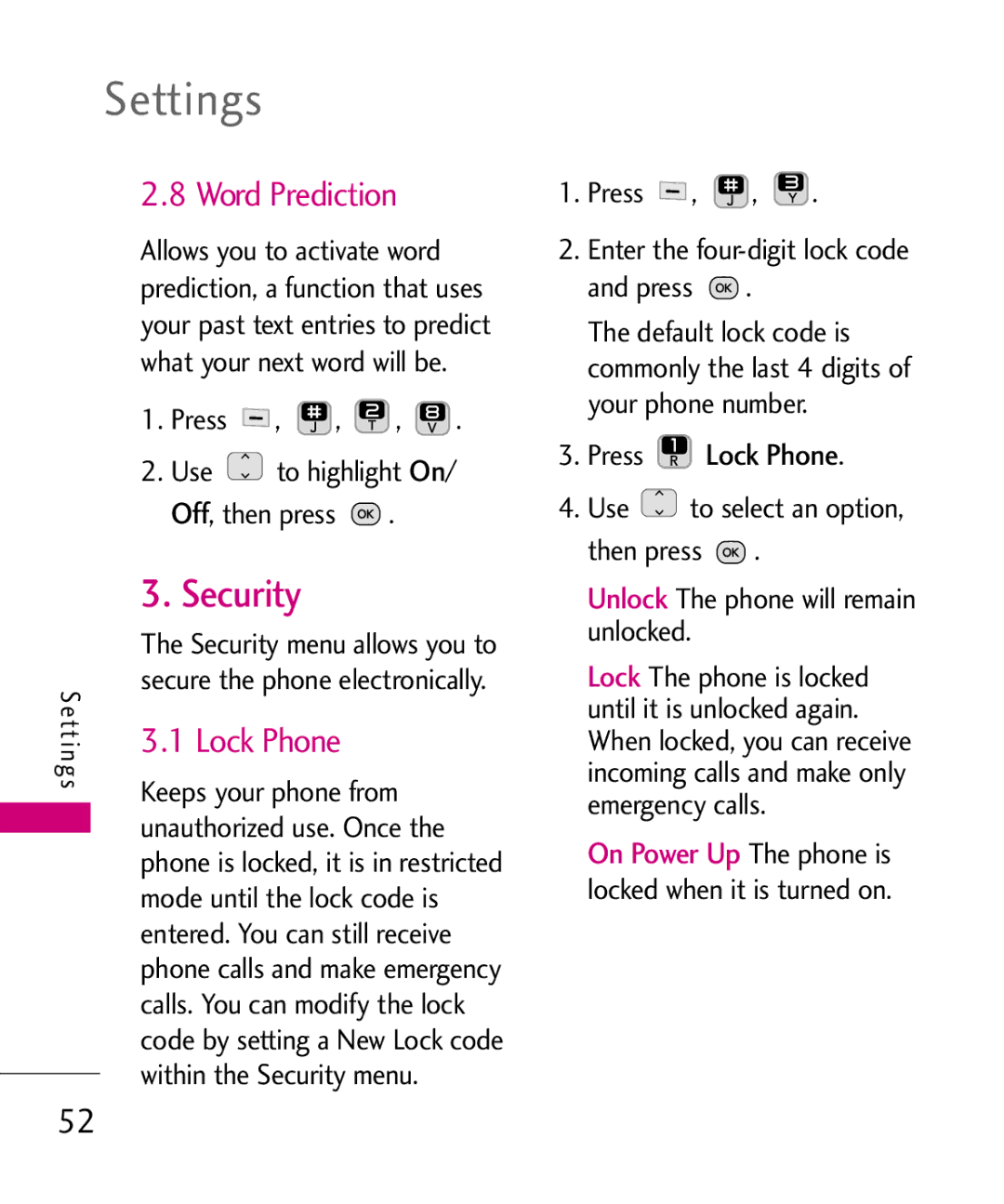 LG Electronics 501C manual Security, Word Prediction, Off, Press Lock Phone 