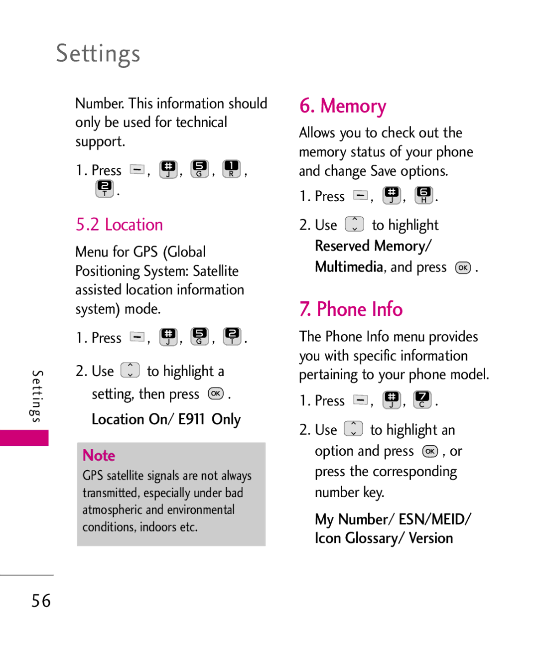 LG Electronics 501C manual Memory, Phone Info, Location, E911 Only, My Number/ ESN/MEID/ Icon Glossary/ Version 