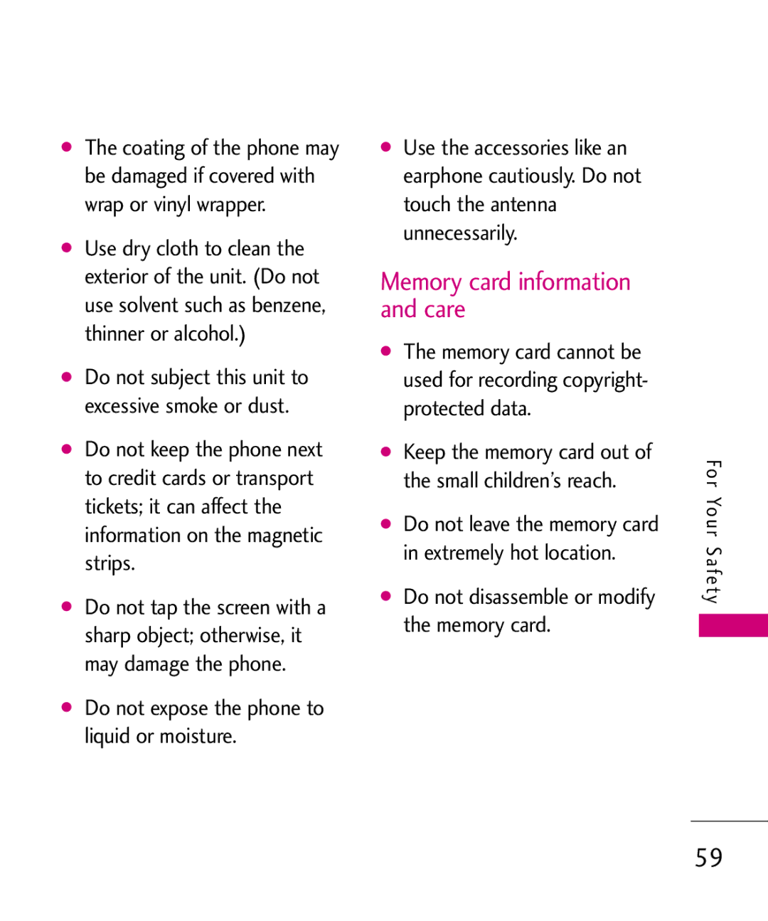 LG Electronics 501C manual Memory card information and care, Do not disassemble or modify the memory card 