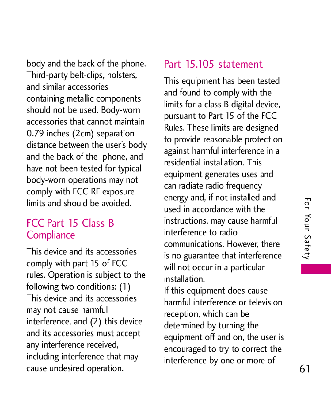 LG Electronics 501C manual Part 15.105 statement, Limits and should be avoided. FCC Part 15 Class B Compliance 