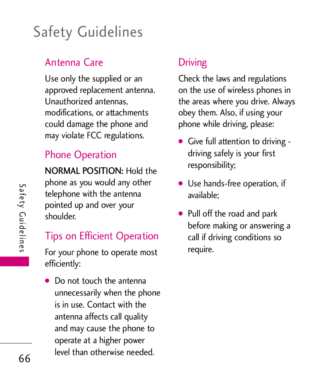 LG Electronics 501C manual Safety Guidelines, Antenna Care, Phone Operation, Driving 