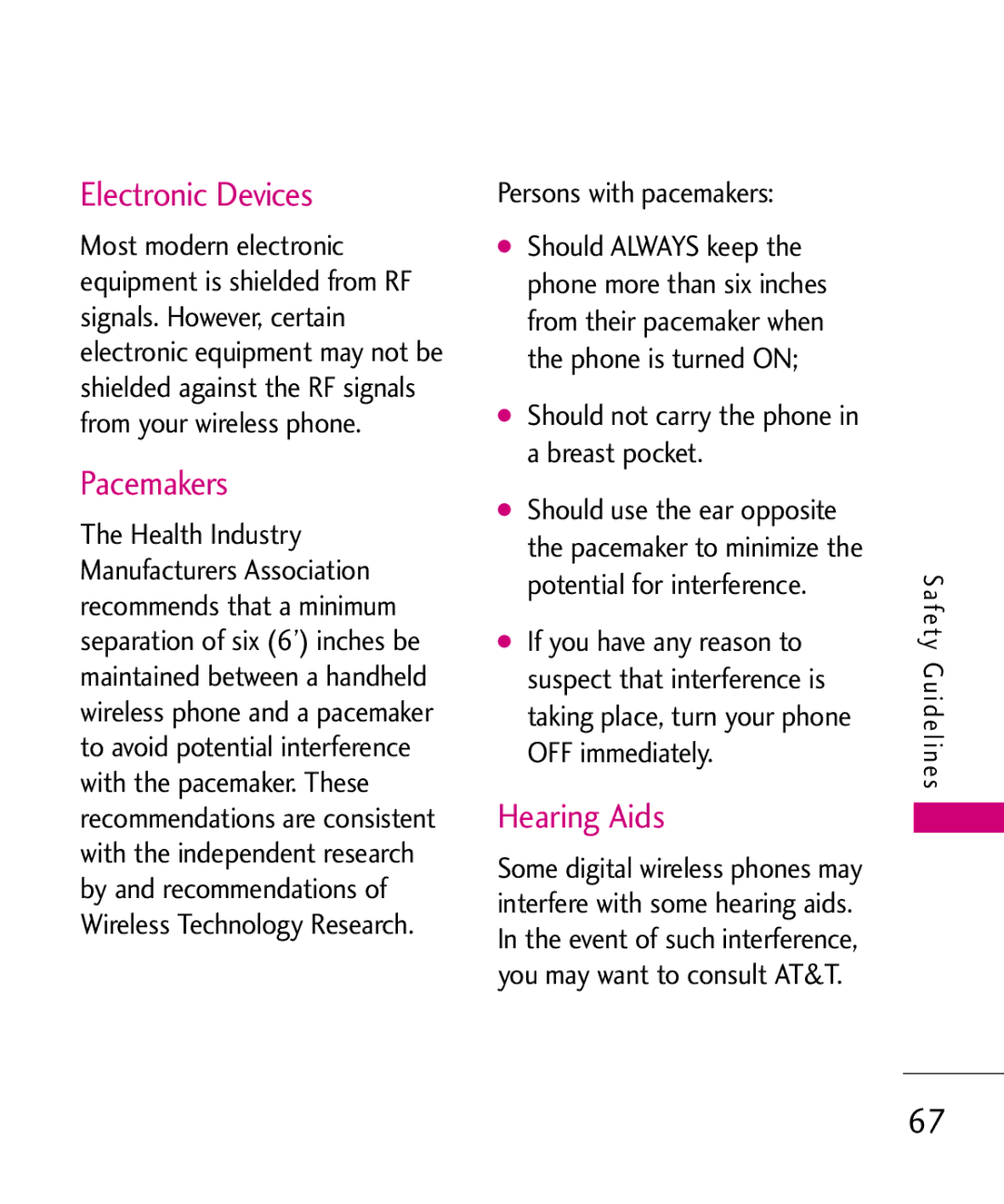 LG Electronics 501C manual Electronic Devices, Hearing Aids, Persons with pacemakers 