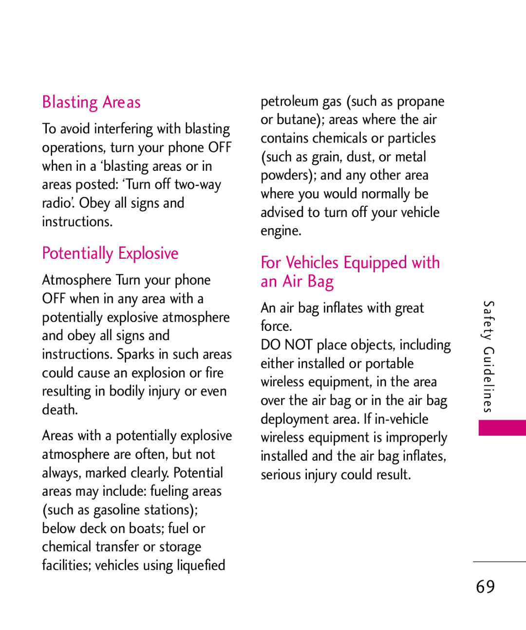 LG Electronics 501C manual Blasting Areas, Potentially Explosive, For Vehicles Equipped with an Air Bag 