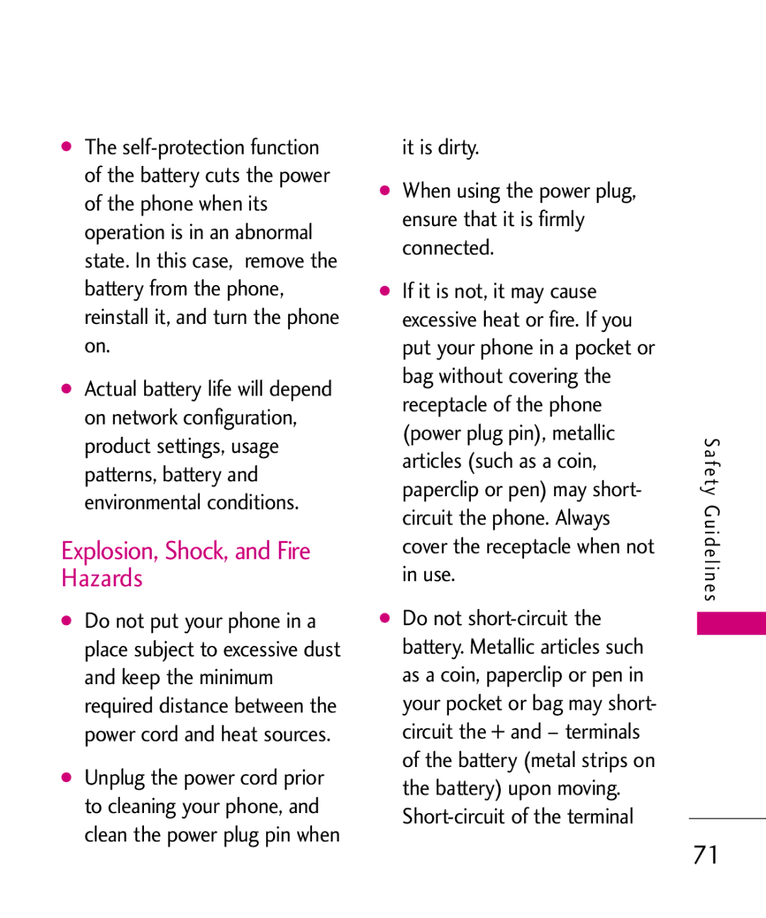 LG Electronics 501C manual Explosion, Shock, and Fire Hazards 