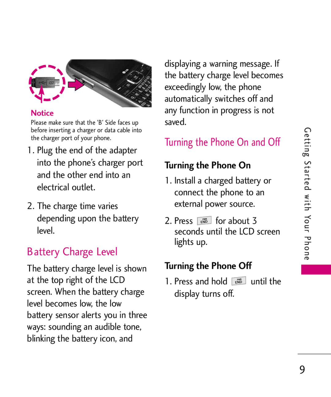 LG Electronics 501C manual Battery Charge Level, Charge time varies depending upon the battery level 