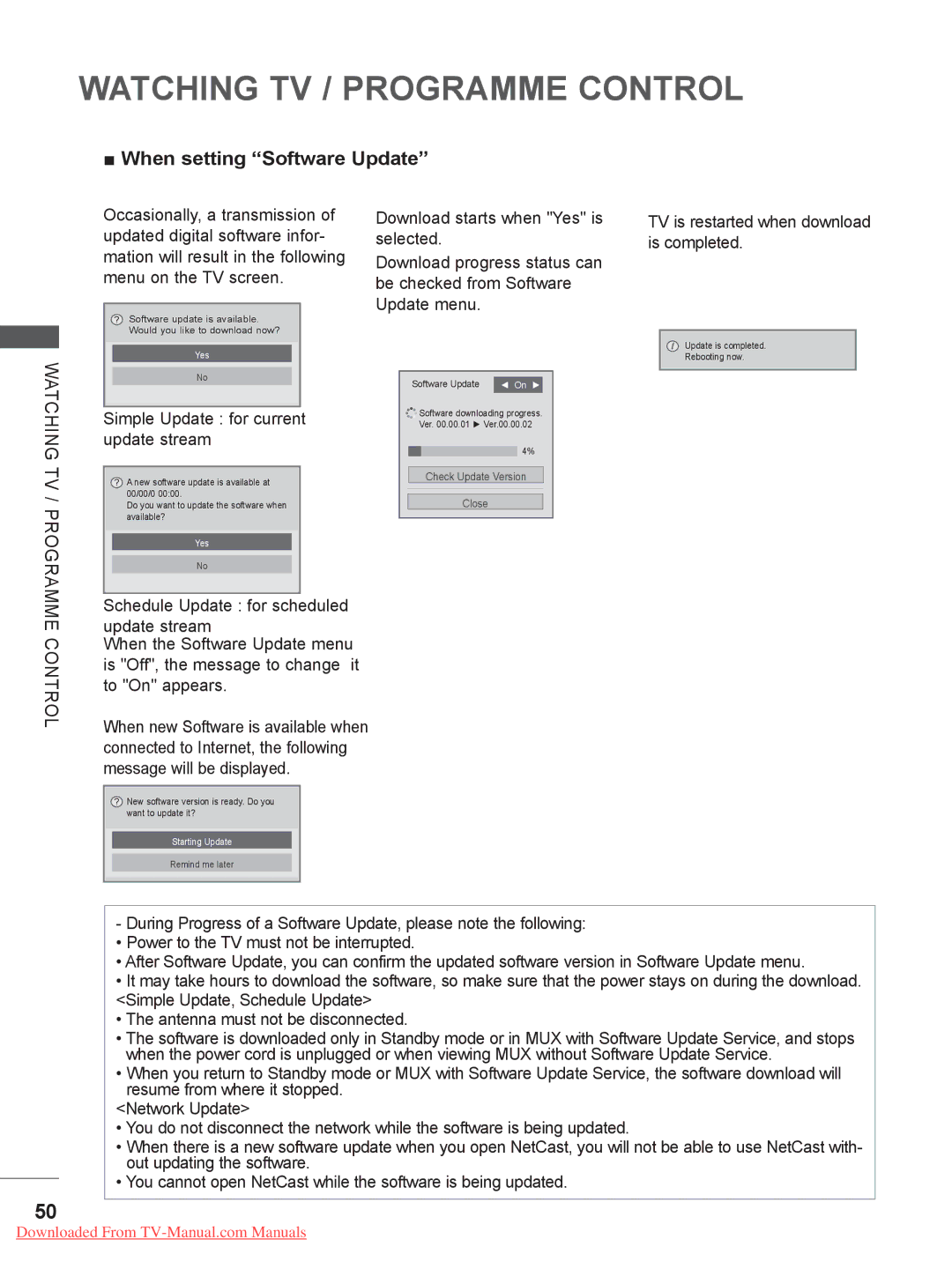 LG Electronics 32/37/42/47/55LE75**, 50/60PX9*** When setting Software Update, Simple Update for current update stream 