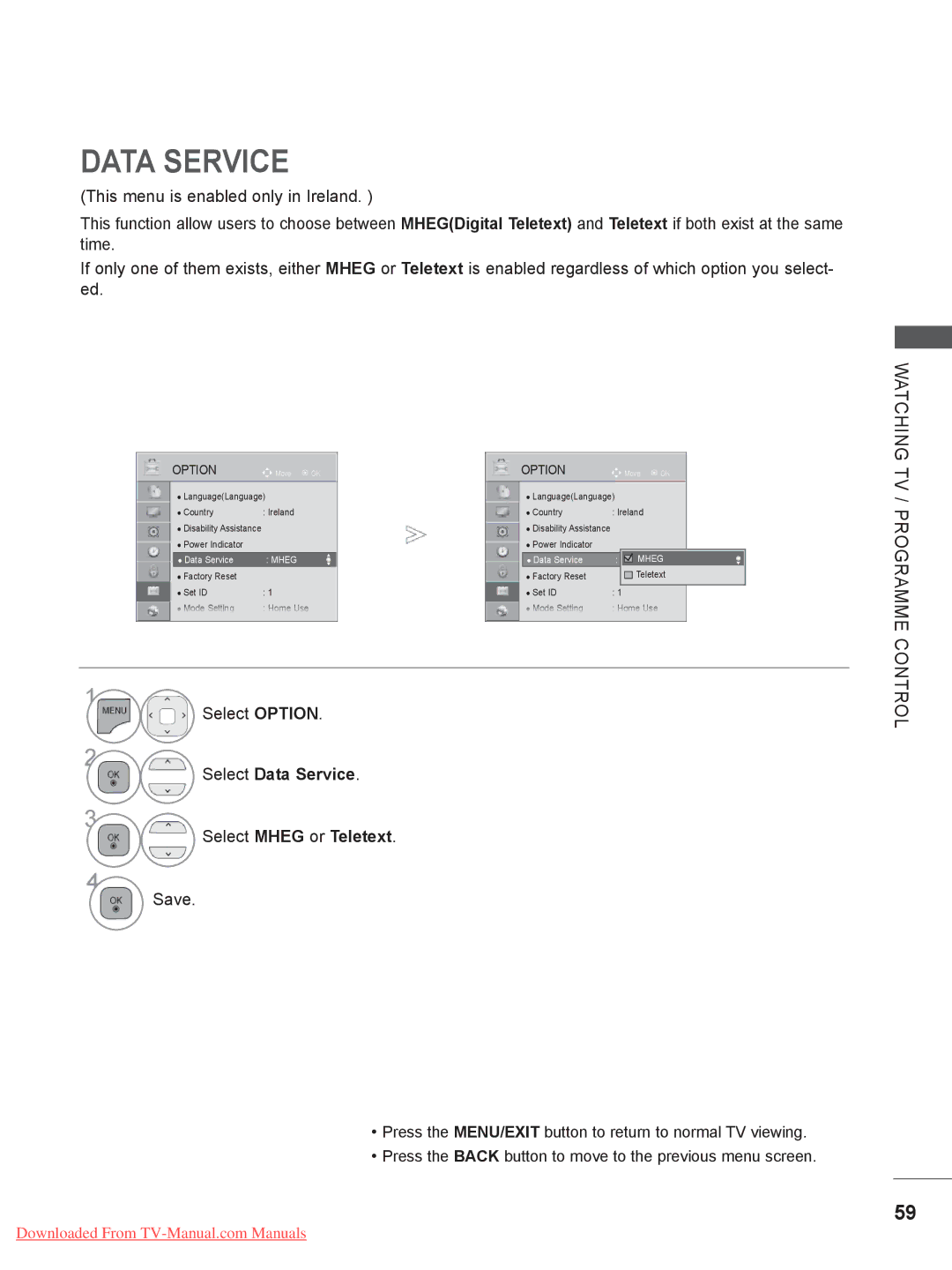 LG Electronics 42/47/55LE8***, 50/60PX9***, 42/47LX6*** Select Option, Select Data Service Select Mheg or Teletext 